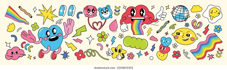 Set of 70s groovy element vector. Collection of cartoon characters, doodle smile face, flower, strawberry, ice cream, heart, ball, bubble. Cute retro groovy hippie design for decorative, sticker.