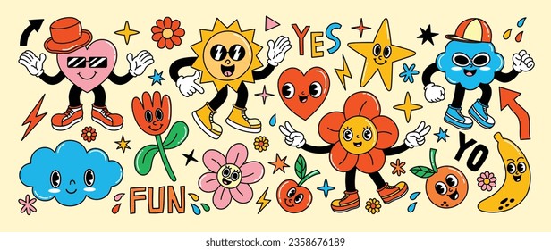 Set of 70s groovy element vector. Collection of cartoon characters, doodle smile face, heart, sun, flower, cloud, banana, cherry. Cute retro groovy hippie design for decorative, sticker, kids.