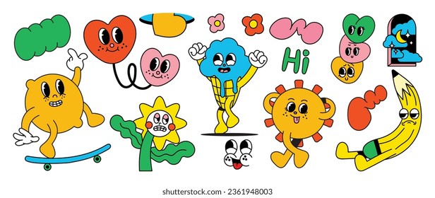 Set of 70s groovy element vector. Collection of cartoon characters, doodle smile face, flowers, sun, ice-cream, pencil, lemon, heart. Cute retro groovy hippie design for decorative, sticker, kids.