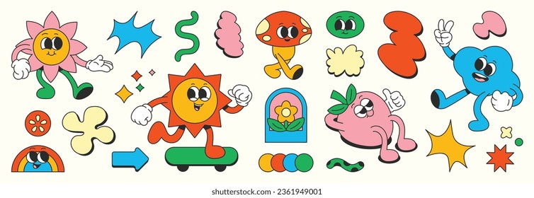 Set of 70s groovy element vector. Collection of cartoon characters, doodle smile face, sun, skateboard, flower, mushroom, strawberry. Cute retro groovy hippie design for decorative, sticker, kids.