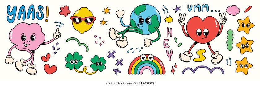 Set of 70s groovy element vector. Collection of cartoon characters, doodle smile face, world, rainbow, lemon, heart, cloud, ginkgo leaf. Cute retro groovy hippie design for decorative, sticker, kids.