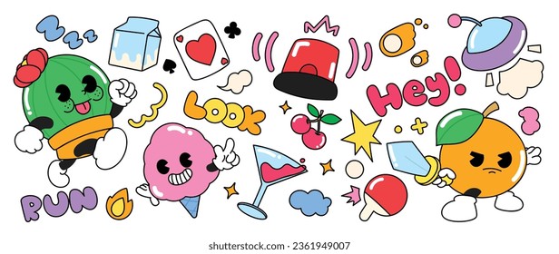 Set of 70s groovy element vector. Collection of cartoon characters, doodle smile face, ice cream, ufo, cactus, orange, emergency light. Cute retro groovy hippie design for decorative, sticker, kids.