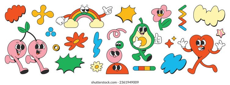 Set of 70s groovy element vector. Collection of cartoon characters, doodle smile face, cherry, rainbow, avocado, heart, flower, ball. Cute retro groovy hippie design for decorative, sticker, kids.