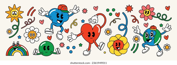 Conjunto de vector de elementos de groovy de los años 70. Colección de personajes de caricatura, cara de sonrisa de garabato, mundo, bola, arcoiris, flor, corazón, nube. Cute retro groovy diseño hippie para decorativos, pegatinas, niños.