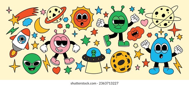 Conjunto de vector de elementos de groovy de los años 70. Colección de personajes de caricatura, carátula de sonrisa, OVNI, UAP, cohete, sol, alienígena, galaxia, nave espacial. Cute retro groovy diseño hippie para decorativos, pegatinas, niños.