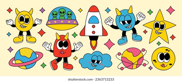 Set of 70s groovy element vector. Collection of cartoon characters, doodle smile face, UFO, UAP, rocket, alien, galaxy, spaceship. Cute retro groovy hippie design for decorative, sticker, kids.