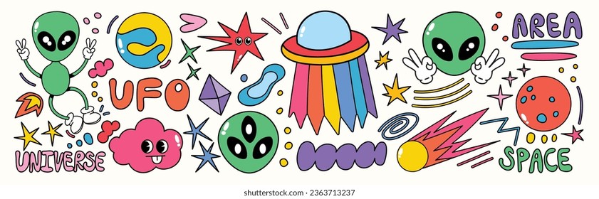 Set of 70s groovy element vector. Collection of cartoon character, doodle smile face, UFO, UAP, alien, spaceship, rocket, star. Cute retro groovy hippie design for decorative, sticker, kids.