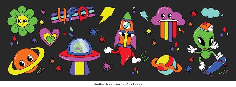 Conjunto de vector de elementos de groovy de los años 70. Colección de caricaturas, carátula sonrisa, OVNI, UAP, alien, nave espacial, cohete, saturn. Cute retro groovy diseño hippie para decorativos, pegatinas, niños.