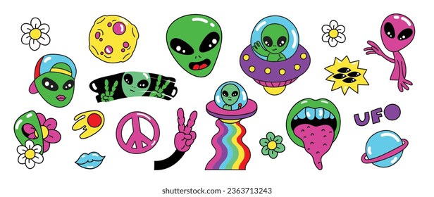 Conjunto de vector de elementos de groovy de los años 70. Colección de caricaturas, carátula de sonrisa, OVNI, UAP, alien, nave espacial, flor, arcoiris. Cute retro groovy diseño hippie para decorativos, pegatinas, niños.