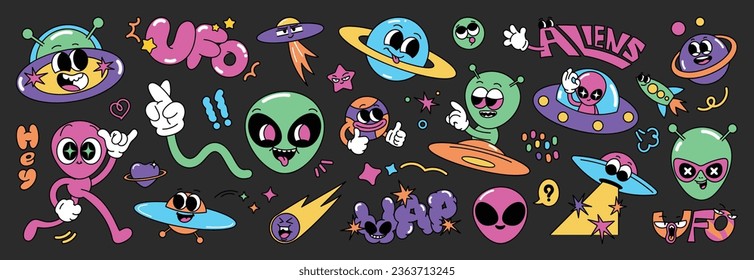 Set of 70s groovy element vector. Collection of cartoon character, doodle smile face, UFO, UAP, alien, spaceship, rocket, saturn. Cute retro groovy hippie design for decorative, sticker, kids.