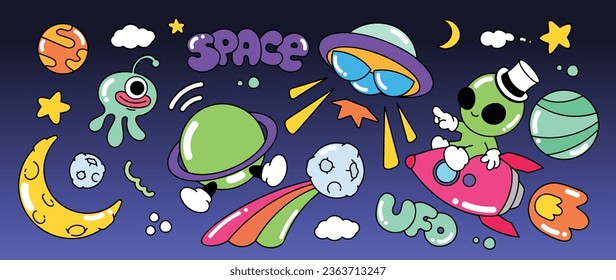 Conjunto de vector de elementos de groovy de los años 70. Colección de personajes de caricatura, cara de sonrisa de garabato, OVNI, UAP, cohete, alien, galaxia, nave espacial, luna. Cute retro groovy diseño hippie para decorativos, pegatinas, niños.