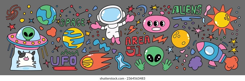 Set of 70s groovy element vector. Collection of cartoon character, doodle smile face, UFO, UAP, alien, spaceship, rocket, saturn, cow. Cute retro groovy hippie design for decorative, sticker, kids.