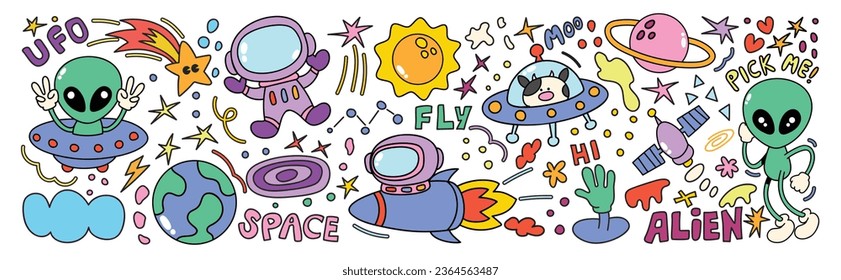 Set of 70s groovy element vector. Collection of cartoon character, doodle smile face, UFO, UAP, alien, spaceship, rocket, saturn, cow. Cute retro groovy hippie design for decorative, sticker, kids.