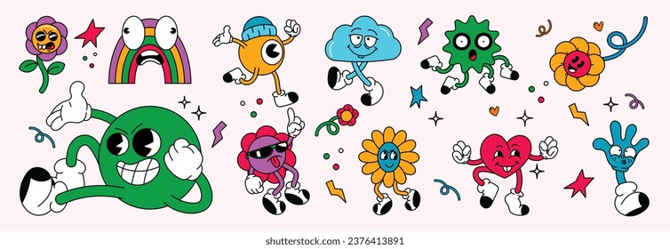 Conjunto de vector de elementos de groovy de los años 70. Colección de personajes de caricatura, carita de sonrisa de garabato, arco iris, naranja, nube, corazón, virus, flor. Cute retro groovy diseño hippie para decorativo, pegatina.