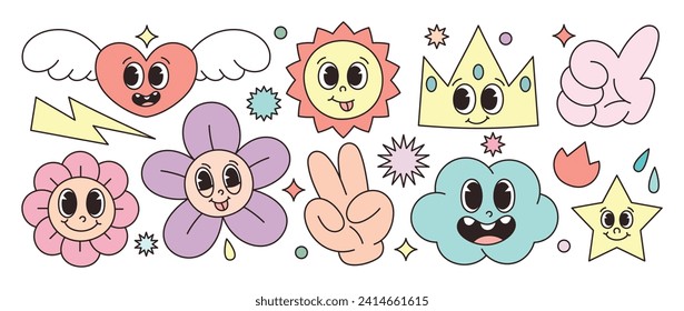 Set of 70s groovy element vector. Collection of cartoon characters, doodle smile face, flower, heart, sun, cloud, star, hand, crown. Cute retro groovy hippie design for decorative, sticker, kids.