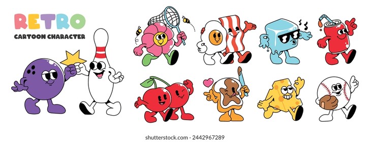 Set of 70s groovy element vector. Collection of cartoon characters, doodle smiley face, bowling, flower, cherry, bread, cheese, ice. Cute retro groovy hippie design for decorative, sticker, kids.