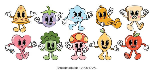 Set of 70s groovy element vector. Collection of cartoon characters, doodle smile face, pizza, cloud, heart, mushroom, bread, lemon. Cute retro groovy hippie design for decorative, sticker, kids.