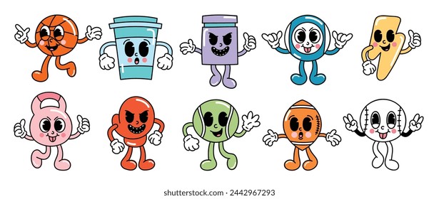 Set of 70s groovy element vector. Collection of cartoon characters, doodle smile face, basketball, cup, bottle, thunderbolt, mitten. Cute retro groovy hippie design for decorative, sticker, kids.