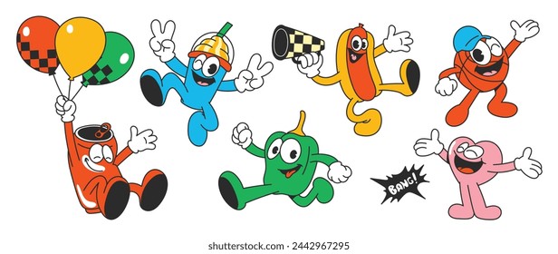 Set of 70s groovy element vector. Collection of cartoon characters, doodle smiley face, green pepper, can, heart, sausage, basketball. Cute retro groovy hippie design for decorative, sticker, kids.