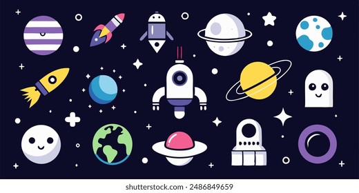 Set of 70s groovy element vector. Collection of cartoon character, doodle smile face, UFO, UAP, alien, spaceship, rocket, saturn, cow. Cute retro groovy hippie design for decorative, sticker, kids.