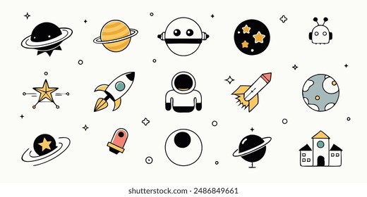 Set of 70s groovy element vector. Collection of cartoon character, doodle smile face, UFO, UAP, alien, spaceship, rocket, saturn, cow. Cute retro groovy hippie design for decorative, sticker, kids.