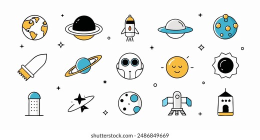 Set of 70s groovy element vector. Collection of cartoon character, doodle smile face, UFO, UAP, alien, spaceship, rocket, saturn, cow. Cute retro groovy hippie design for decorative, sticker, kids.