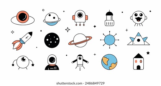 Set of 70s groovy element vector. Collection of cartoon character, doodle smile face, UFO, UAP, alien, spaceship, rocket, saturn. Cute retro groovy hippie design for decorative, sticker, kids.