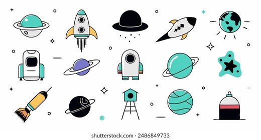 Juego de Vector de elemento groovy de los años 70. Colección de personaje de dibujos animados, cara de sonrisa de garabato, OVNI, UAP, alien, nave espacial, cohete, saturno. Lindo diseño hippie retro groovy para decorativo, pegatina, niños.