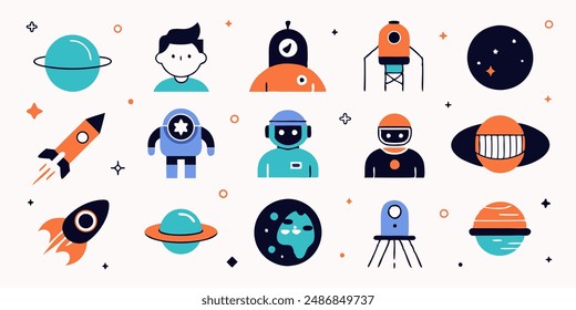 Set of 70s groovy element vector. Collection of cartoon character, doodle smile face, UFO, UAP, alien, spaceship, rocket, saturn. Cute retro groovy hippie design for decorative, sticker, kids.