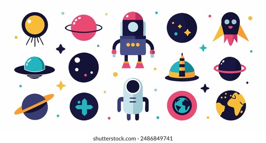 Set of 70s groovy element vector. Collection of cartoon character, doodle smile face, UFO, UAP, alien, spaceship, rocket, saturn. Cute retro groovy hippie design for decorative, sticker, kids.