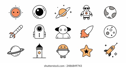 Set of 70s groovy element vector. Collection of cartoon character, doodle smile face, UFO, UAP, alien, spaceship, rocket, saturn. Cute retro groovy hippie design for decorative, sticker, kids.