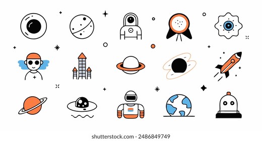 Set of 70s groovy element vector. Collection of cartoon character, doodle smile face, UFO, UAP, alien, spaceship, rocket, saturn. Cute retro groovy hippie design for decorative, sticker, kids.