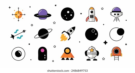 Set of 70s groovy element vector. Collection of cartoon character, doodle smile face, UFO, UAP, alien, spaceship, rocket, saturn. Cute retro groovy hippie design for decorative, sticker, kids.