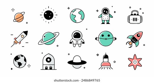 Set of 70s groovy element vector. Collection of cartoon character, doodle smile face, UFO, UAP, alien, spaceship, rocket, saturn. Cute retro groovy hippie design for decorative, sticker, kids.