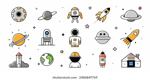 Set of 70s groovy element vector. Collection of cartoon character, doodle smile face, UFO, UAP, alien, spaceship, rocket, saturn. Cute retro groovy hippie design for decorative, sticker, kids.