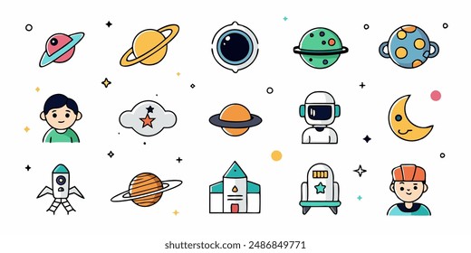 Set of 70s groovy element vector. Collection of cartoon character, doodle smile face, UFO, UAP, alien, spaceship, rocket, saturn. Cute retro groovy hippie design for decorative, sticker, kids.