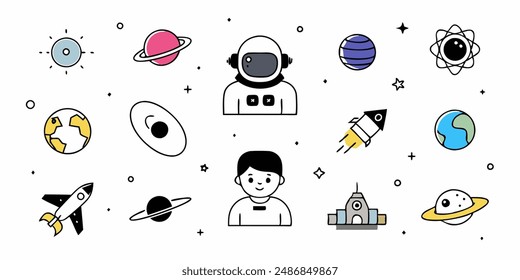 Set of 70s groovy element vector. Collection of cartoon character, doodle smile face, UFO, UAP, alien, spaceship, rocket, saturn, cow. Cute retro groovy hippie design for decorative, sticker, kids.