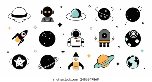 Set of 70s groovy element vector. Collection of cartoon character, doodle smile face, UFO, UAP, alien, spaceship, rocket, saturn, cow. Cute retro groovy hippie design for decorative, sticker, kids.