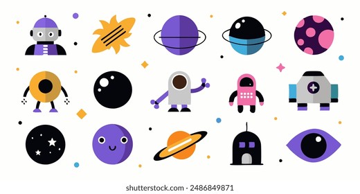 Set of 70s groovy element vector. Collection of cartoon character, doodle smile face, UFO, UAP, alien, spaceship, rocket, saturn, cow. Cute retro groovy hippie design for decorative, sticker, kids.