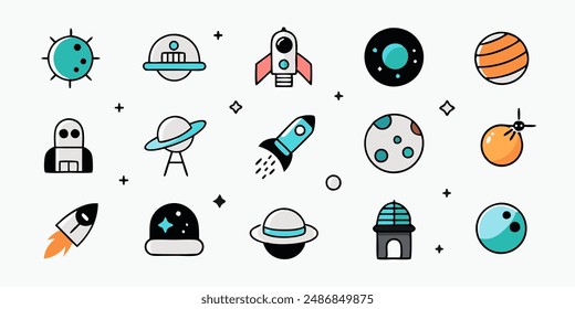 Set of 70s groovy element vector. Collection of cartoon character, doodle smile face, UFO, UAP, alien, spaceship, rocket, saturn, cow. Cute retro groovy hippie design for decorative, sticker, kids.