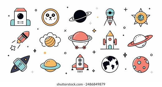 Set of 70s groovy element vector. Collection of cartoon character, doodle smile face, UFO, UAP, alien, spaceship, rocket, saturn, cow. Cute retro groovy hippie design for decorative, sticker, kids.