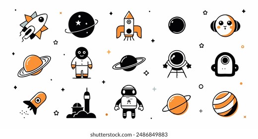 Set of 70s groovy element vector. Collection of cartoon character, doodle smile face, UFO, UAP, alien, spaceship, rocket, saturn, cow. Cute retro groovy hippie design for decorative, sticker, kids.