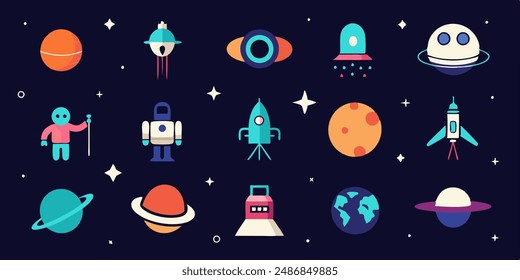 Set of 70s groovy element vector. Collection of cartoon character, doodle smile face, UFO, UAP, alien, spaceship, rocket, saturn, cow. Cute retro groovy hippie design for decorative, sticker, kids.