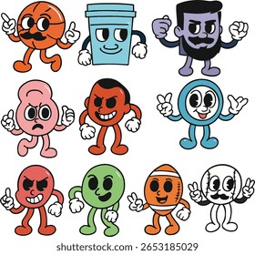 Set of 70s groovy element vector. Collection of cartoon characters, doodle smile face, basketball, cup, bottle, thunderbolt, mitten. Cute retro groovy hippie design for decorative, s