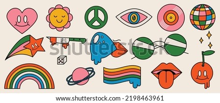 Set of 70s groovy element vector. Collection of doodle smile face, flower, lips, heart, sunglasses, planet, disco ball, rainbow, cherry, peace. Cute retro groovy hippie design for decorative, sticker.