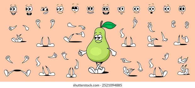 Set of 70s groovy faces. Collection of hands, feet, facial expressions with different emotions to create comical cartoon pear character. Cartoon flat vector illustration isolated on background