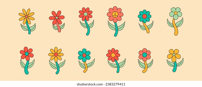 Set of 70s groovy flowers in Hippie 60s style. Vector illustration