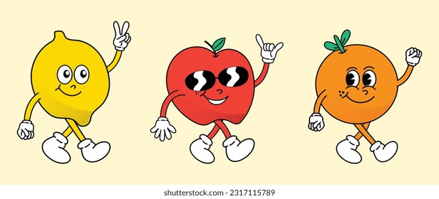 Conjunto de vectores de fruto groovy de los años 70. Colección de personajes de caricatura, rostro de sonrisa garabato, limón, naranja, manzana con diferentes poses. Diseño de ilustraciones hippie retro-gruovy para pegatinas decorativas.