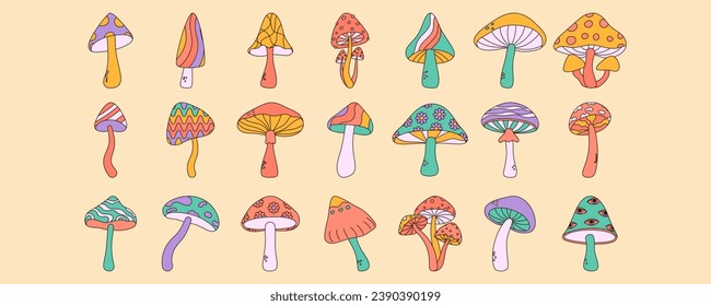 Set of 70s groovy mushrooms in Hippie retro style. Vector illustration