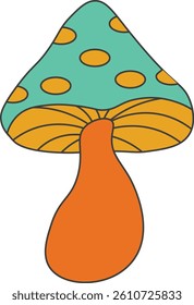 Set of 70s groovy mushrooms in Hippie retro style. Vector illustration